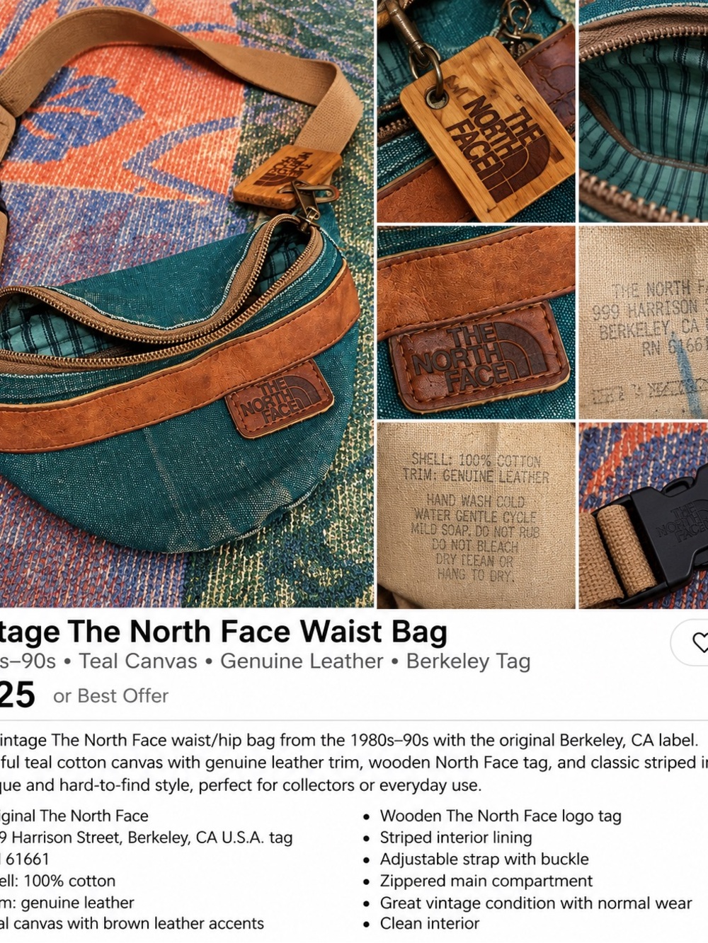 The North Face Teal Canvas & Brown Leather Waist Bag RARE vintage Berkeley